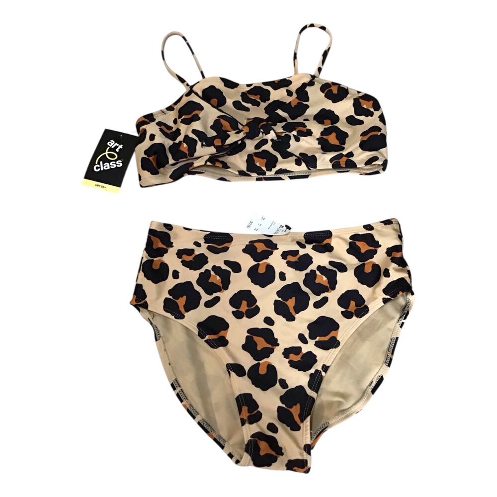 Girls tan & black leopard print high-waist bikini set Art Class UPF 50+ Sz.14/16